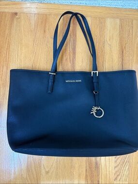 Michael Kors Black Leather Double-Handle Tote with Gold Charm